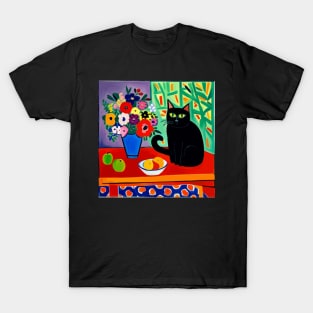 Cute Black Cat with Fruit and Flowers Still Life Painting T-Shirt